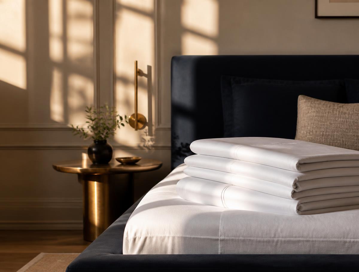 Detalhe de roupa de cama branca sobre cama com cabeceira azul-marinho